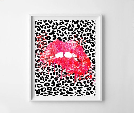 Leopard Print Lips Make Up Art Lipstick Red Lipstick Fashion Print Room Decor Digital Download Leopard Print Printable Decor