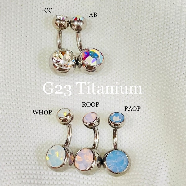 G23 Implant grade Titanium Belly Button Ring Double Jeweled bezel set with Swarovski Crystal -14G with 6 mm, 8 mm or 10 mm length