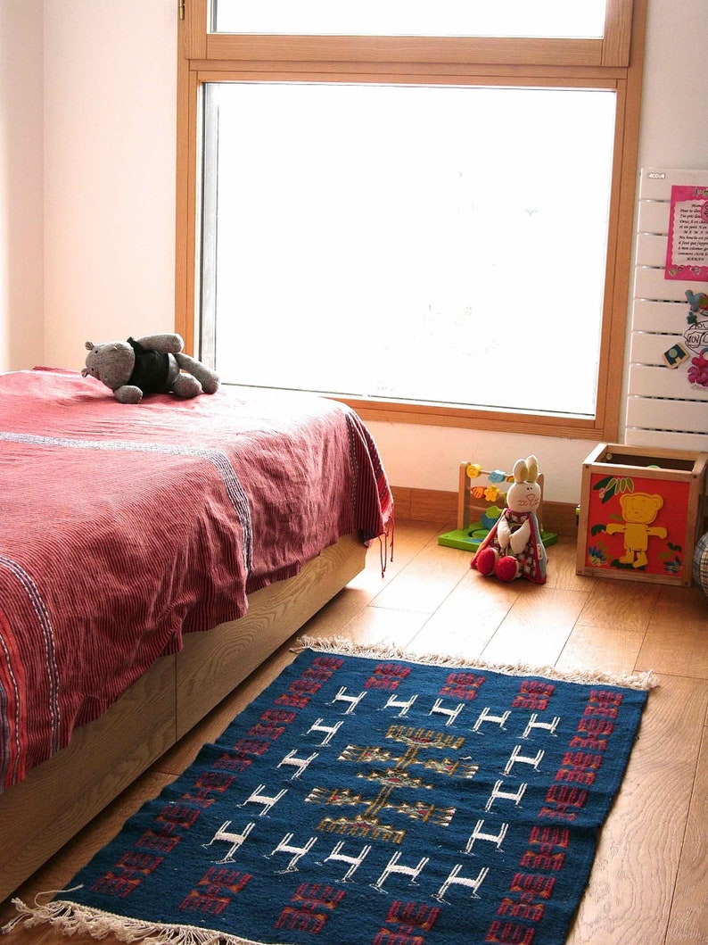 Blue Berber kilim carpet // bed descent // bedroom mat // Etsy