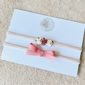 Baby headbands, set of 2, set of headbands, floral headbands, neutral headband, pink bow, flower headband, mulberry headband, pretty bows