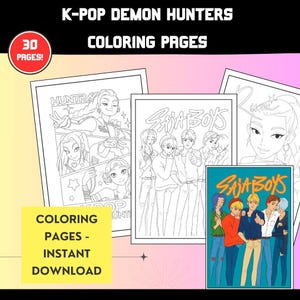 kpop demon hunters coloring pages, 30 Printable Pages, K Pop Digital Coloring Book, Busy Activity, Instant Download, Party Favors