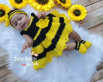 Baby Girl Crochet Dress, Baby Girl Hat Booties, Crochet Baby Photo Prop Dress, Baby Photoprop, Bee Crochet, Outfit, Bee Baby Dress