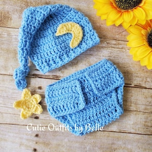 Sleeper Crochet Newborn Outfit, Moon and Star Crochet  Baby Photo Prop Outfit, Newborn Hat and Diaper Cover, Newborn Gift, Photo Shoot, Blue