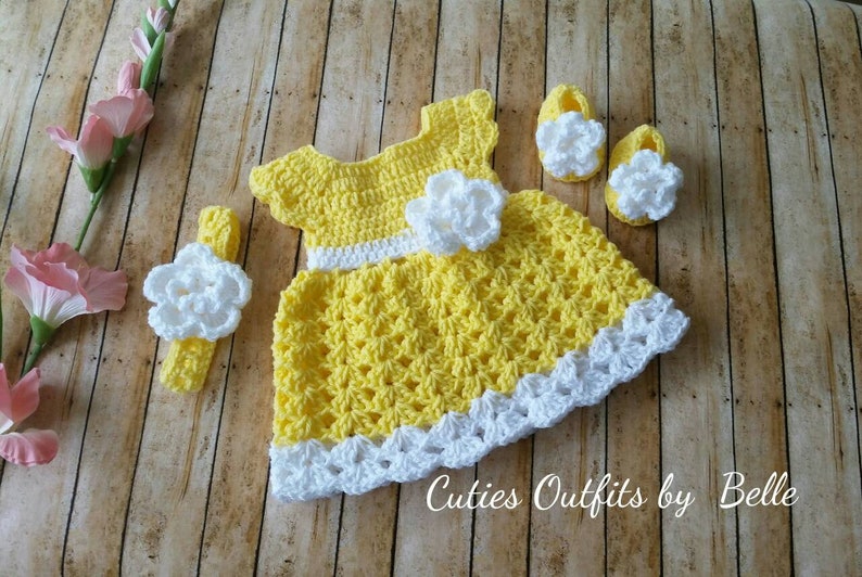 Yellow and White Baby Girl Crochet Dress with Headband Crochet Baby Dress Shoes Baby Blanket Coming Home Outfit 0-3 Months and Shoes