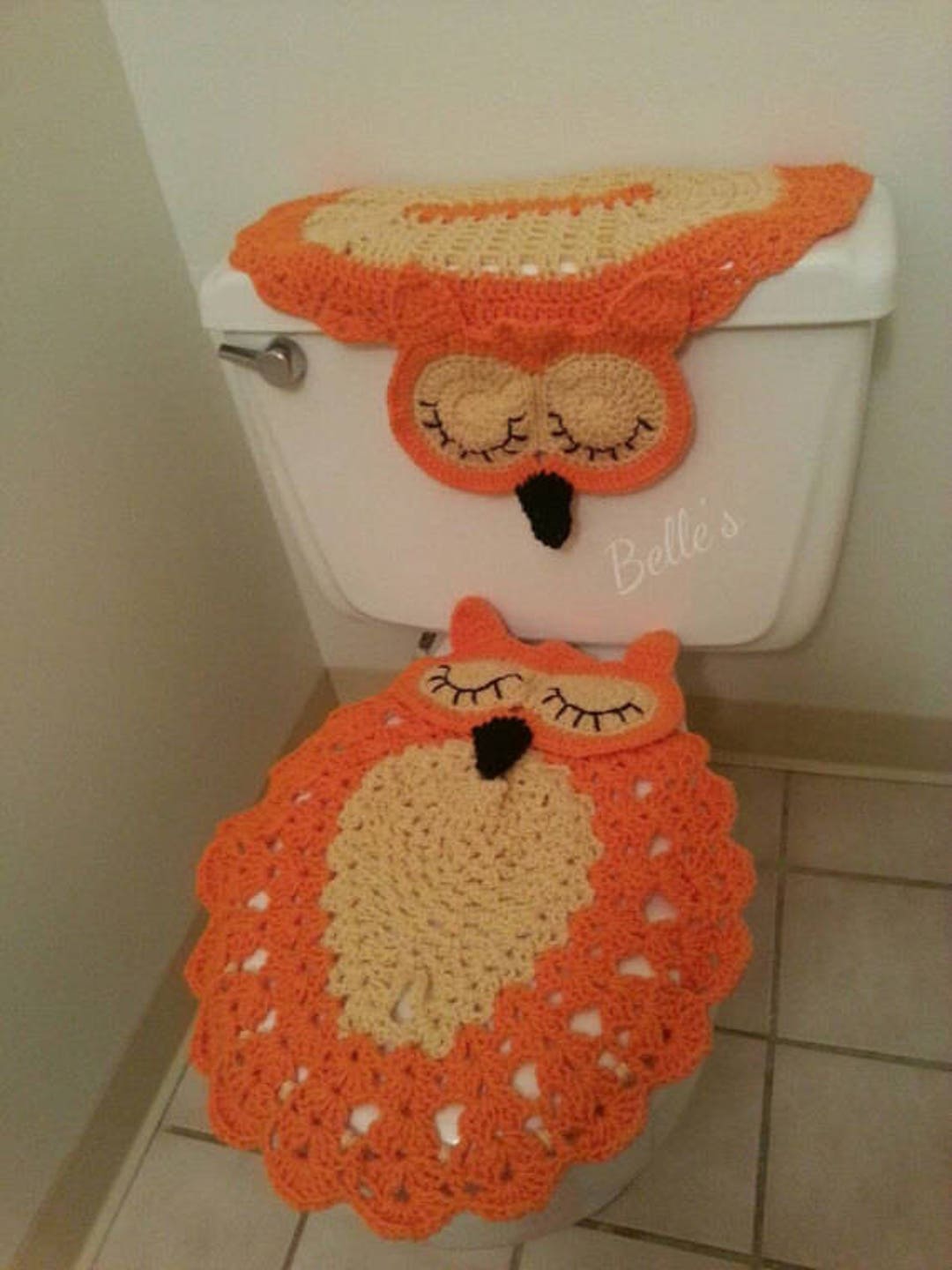 SALE 2 Handmade Crochet Bathroom Set, Tank Cover, Lid Cover, Owl Shaped