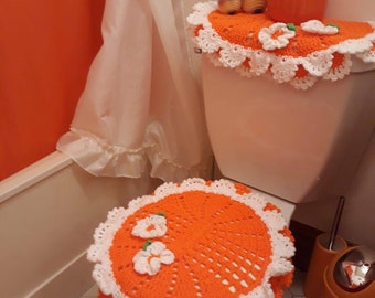 Crochet Toilet Seat Cover Set: Handmade Blue Floral Bathroom Decor