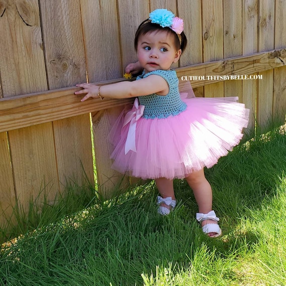Crochet Tutu Baby Dress: Mint & Pink Flower Girl Outfit