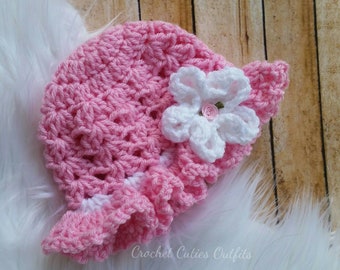 Crochet Baby Hat: Pink Newborn Beanie with Flower