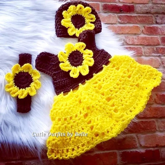 かぎ針編みベビードレスのパターン：秋のひまわりセット（PDF