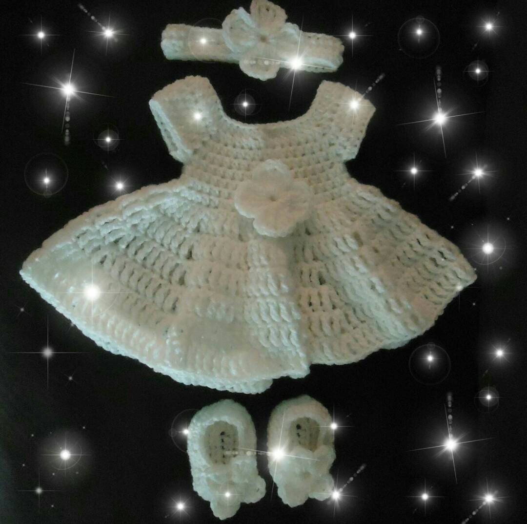 Crochet Christening Baby Girl Dress Set Newborn Gift With Headband & Shoes