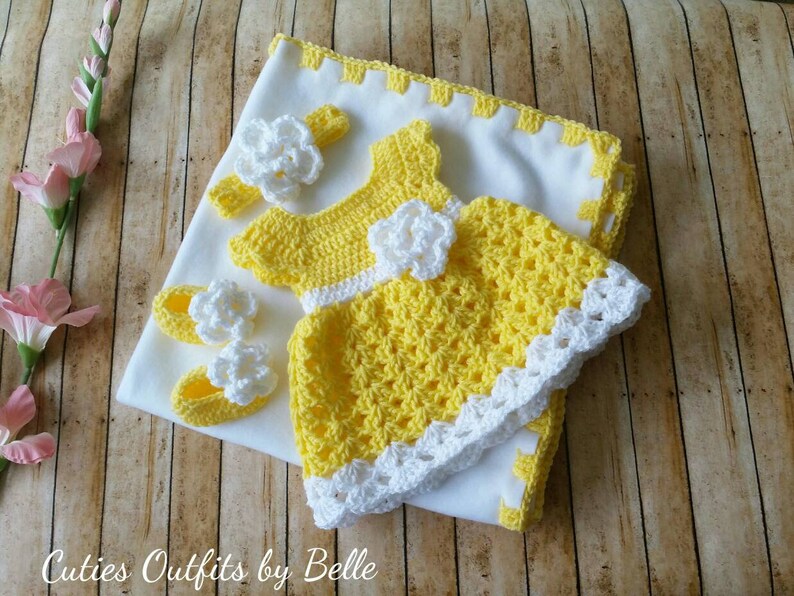Yellow and White Baby Girl Crochet Dress with Headband Crochet Baby Dress Shoes Baby Blanket Coming Home Outfit 0-3 Months and Shoes