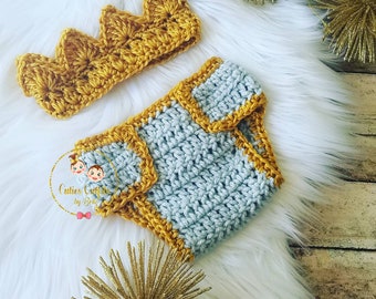 Conjunto de ganchillo para bebé rey: Conjunto de príncipe gris para recién nacido, accesorio para fotos.