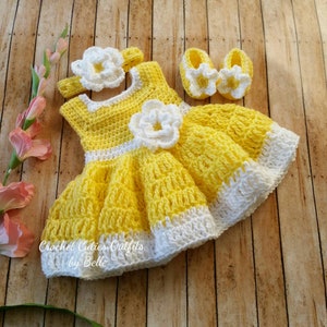 Yellow and White Baby Girl Crochet Dress with Headband & Shoes, Baby Outfit, Take Home Infant Set, Newborn gift, Clothing, Girls' Dresses