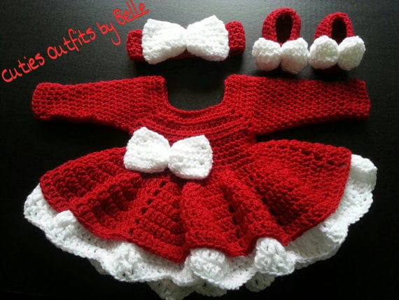 Crochet Baby Dress Set: Red and White Outfit, Newborn 0-3 Months