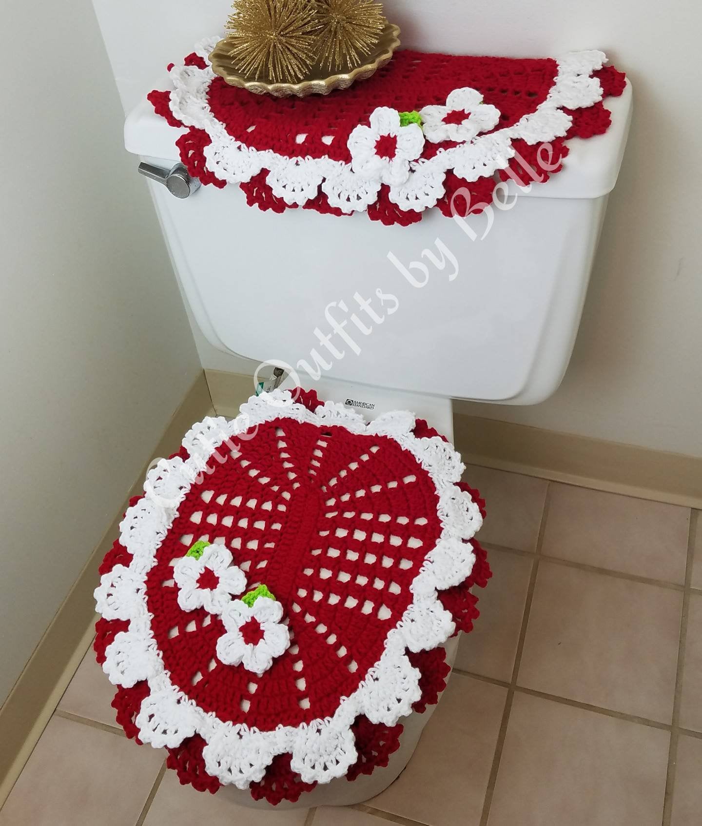Crochet Toilet Seat Cover Set: Handmade Blue Floral Bathroom Decor