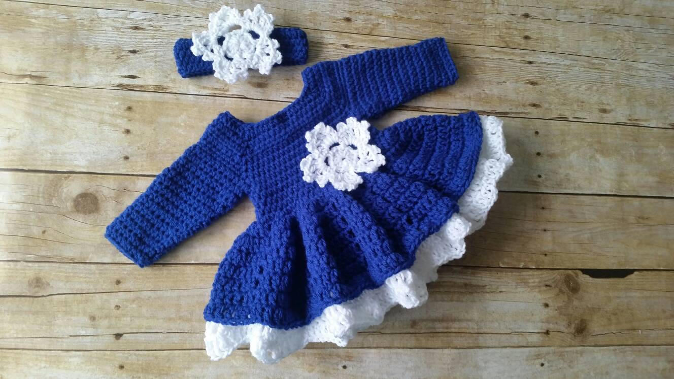Blue and White Baby Girl Crochet Dress With Headband Baby Etsy