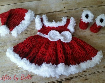 Crochet Christmas Baby Outfit: Santa Hat, Dress & Booties