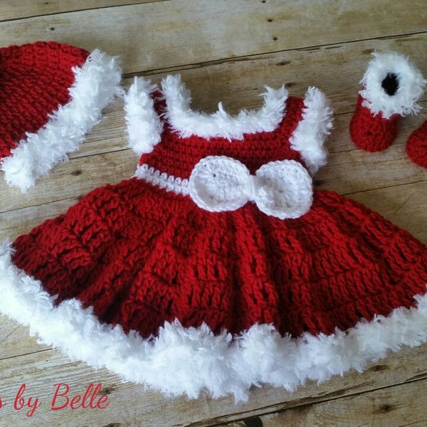 Vestito natalizio all'uncinetto per neonati: cappello di Babbo Natale, vestito e scarpine