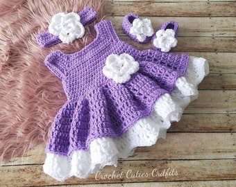 Crochet Baby Outfit: Purple Dress, Headband & Booties - Photo Prop