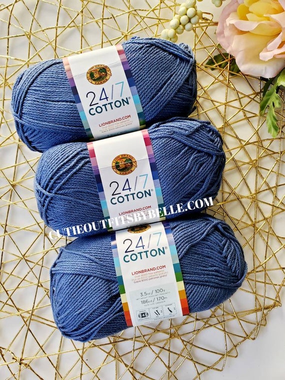 Lion Brand 24/7 Cotton Yarn, Yarn for Knitting, Crocheting, and Crafts,  Denim, 3 Pack