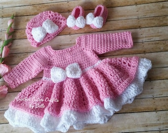 Roze gehaakte babyjurk met strik: outfitset newborn