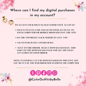 Pode incluir: Gr&aacute;fico floral rosa e branco com o texto "Onde posso encontrar minhas compras digitais na minha conta?" Instru&ccedil;&otilde;es sobre como acessar os arquivos digitais de uma conta Etsy. O texto tamb&eacute;m inclui as al&ccedil;as de m&iacute;dia social @CutieOutfitsbyBelle, Etsy, Pinterest, Facebook, Instagram e WhatsApp.