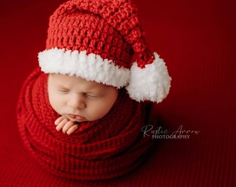 Bonnet de Père Noël au crochet pour bébé : accessoire photo pour nouveau-né à longue queue