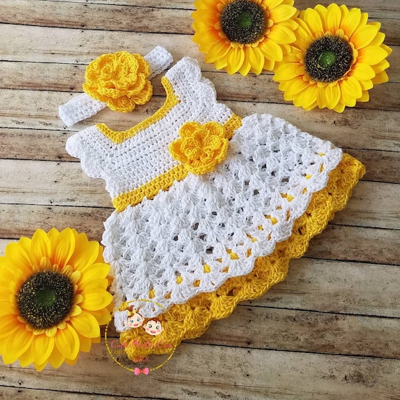 Crochet Baby Dress: Yellow Cotton Outfit with Headband - Etsy 日本