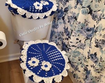 Crochet Toilet Seat Cover Set: Handmade Blue Floral Bathroom Decor