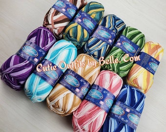 May include: Ten balls of yarn in various color combinations, including purple and white, blue and white, yellow and white, green and white, brown and white, and pink and white. Each ball has a label that says "Sinfonia".