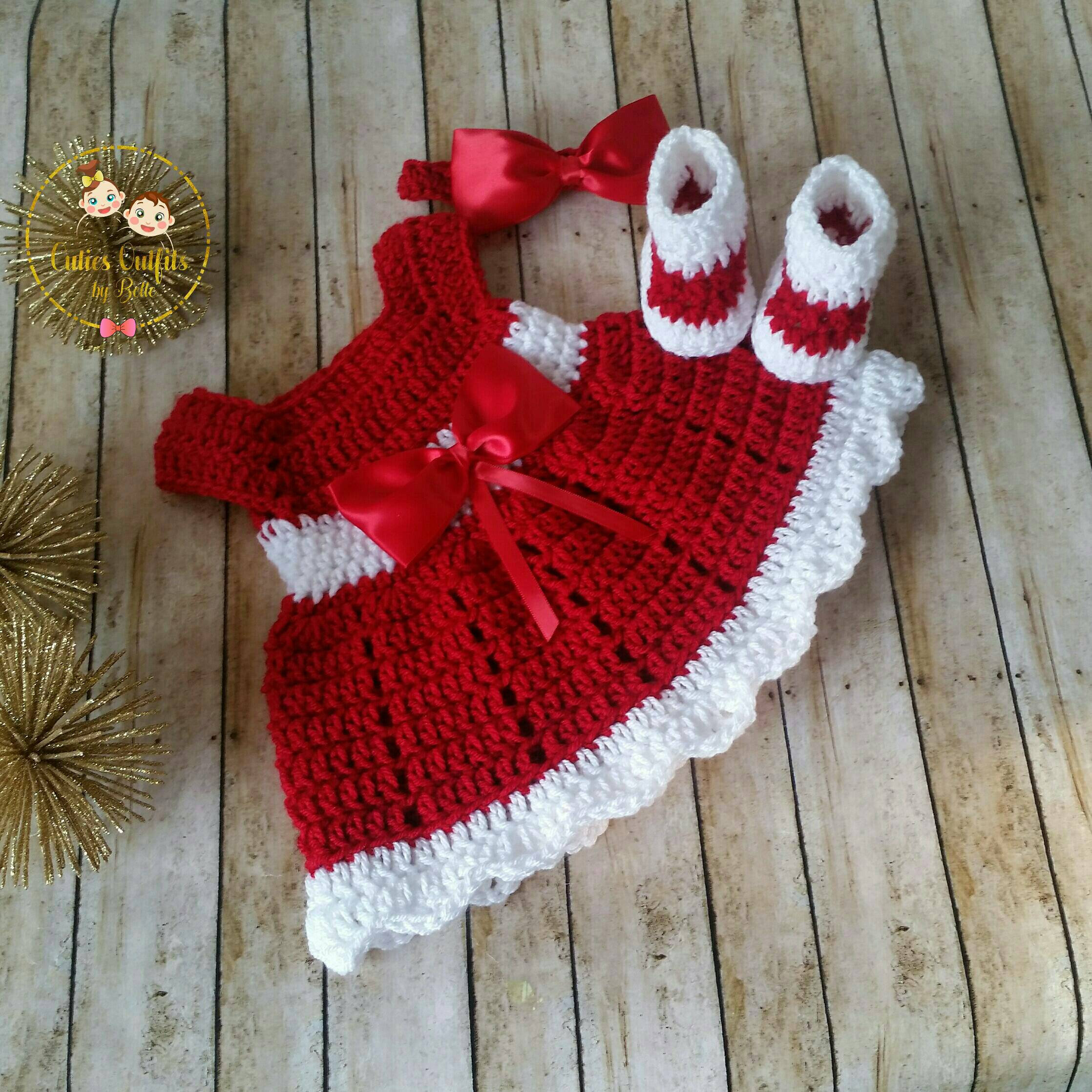 Crochet Baby Christmas Dress Set: Newborn Photo Prop Outfit Crochet Baby Christmas Dress Set: Newborn Photo Prop Outfit