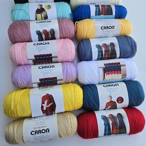 May include: A collection of twelve skeins of Caron Simply Soft yarn in various colors including black, cream, blue, yellow, pink, lavender, white, teal, and red. Each skein features a white paper label with the brand name and product details.