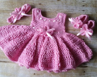 Pink Crochet Baby Dress Set, Handmade Acrylic Yarn Outfit, Baby Shower Gift (3-6 Months)