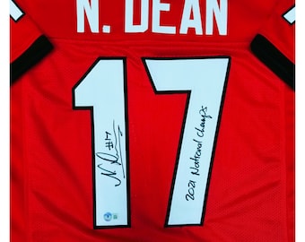 Nakobe Dean Georgia Bulldogs Autographed Red Custom #17 Jersey Beckett Certificate of Authenticity w National Champs Inscription