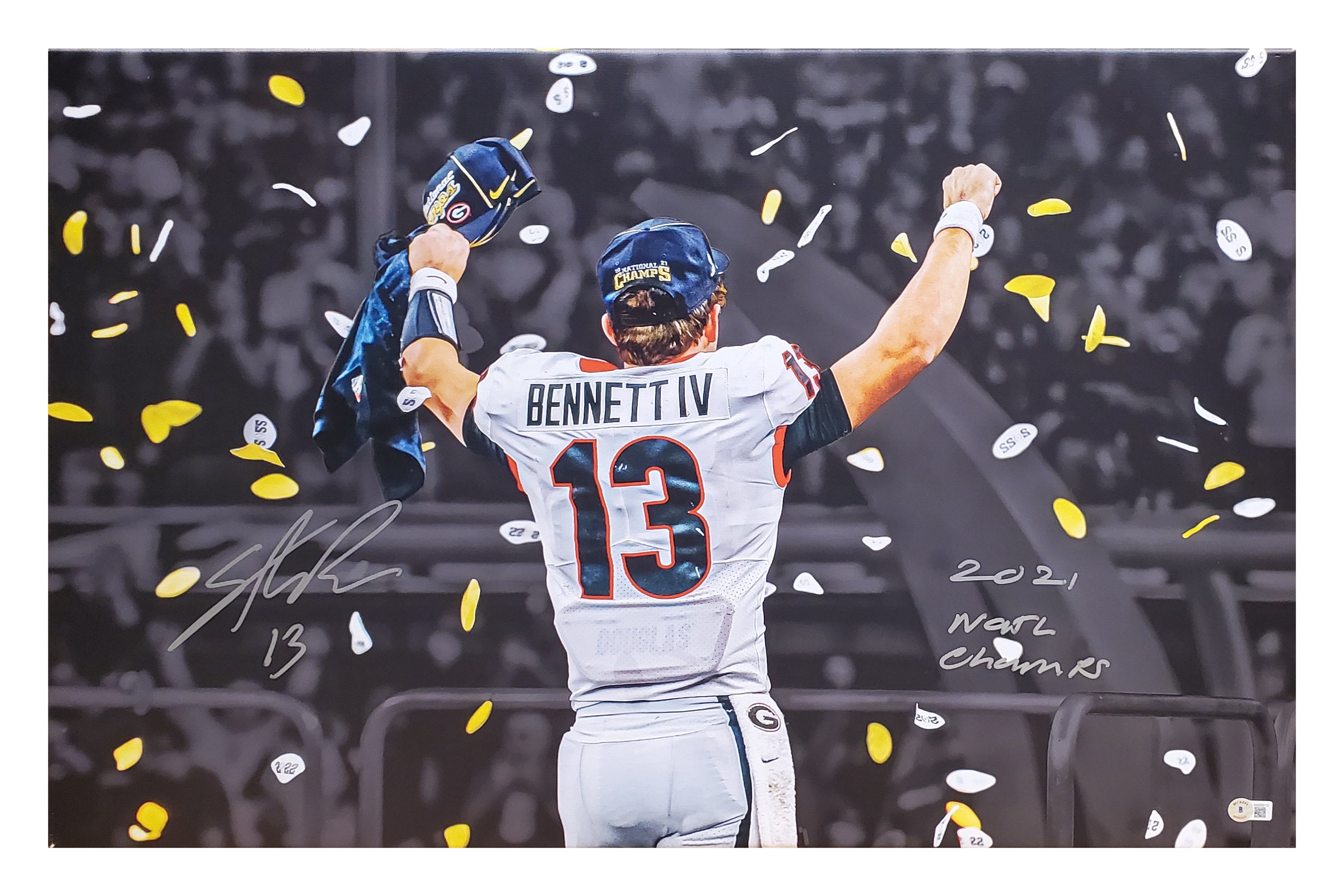 Stetson Bennett Georgia Bulldogs Autographed 20x30 Canvas Beckett Certificate of Authenticity National Champs Inscription