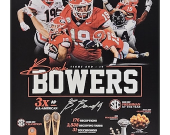 May include: A collage of photos of a football player in a red and black uniform with the number 19 on it. The player is holding a football and is surrounded by other players. The text "Brock Bowers" is written in large letters at the bottom of the image. The text "3x AP All-American" is also visible. The image also includes trophies and awards.