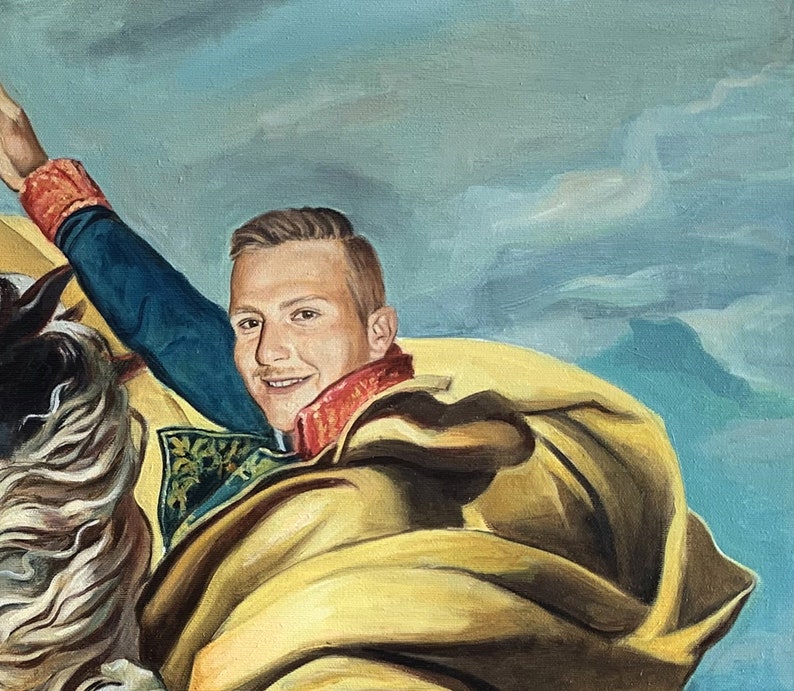 May include: A painting of a person in a blue and gold uniform, riding a white horse. The person is smiling and has a red sash around their neck.