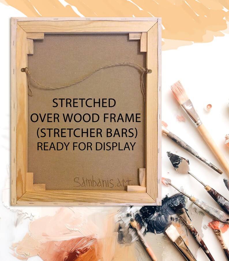 May include: A stretched canvas painting on a wooden frame with the text "STRETCHED OVER WOOD FRAME (STRETCHER BARS) READY FOR DISPLAY" and the signature "Sambanis art".
