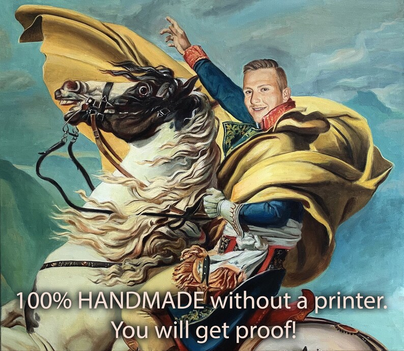 May include: A painting of a person riding a white horse, with a yellow cape and blue clothing. The person is holding a sword and has a determined expression on their face. The painting is titled "100% HANDMADE without a printer. You will get proof!"