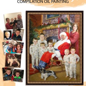 May include: A hand-painted oil painting of a family with Santa Claus. The family is standing in front of a fireplace with a Christmas tree in the background. The painting is framed in a brown frame with a gold trim.
