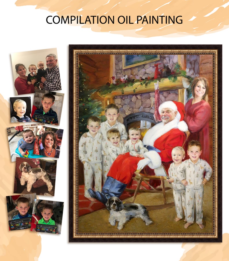 May include: A hand-painted oil painting of a family with Santa Claus. The family is standing in front of a fireplace with a Christmas tree in the background. The painting is framed in a brown frame with a gold trim.
