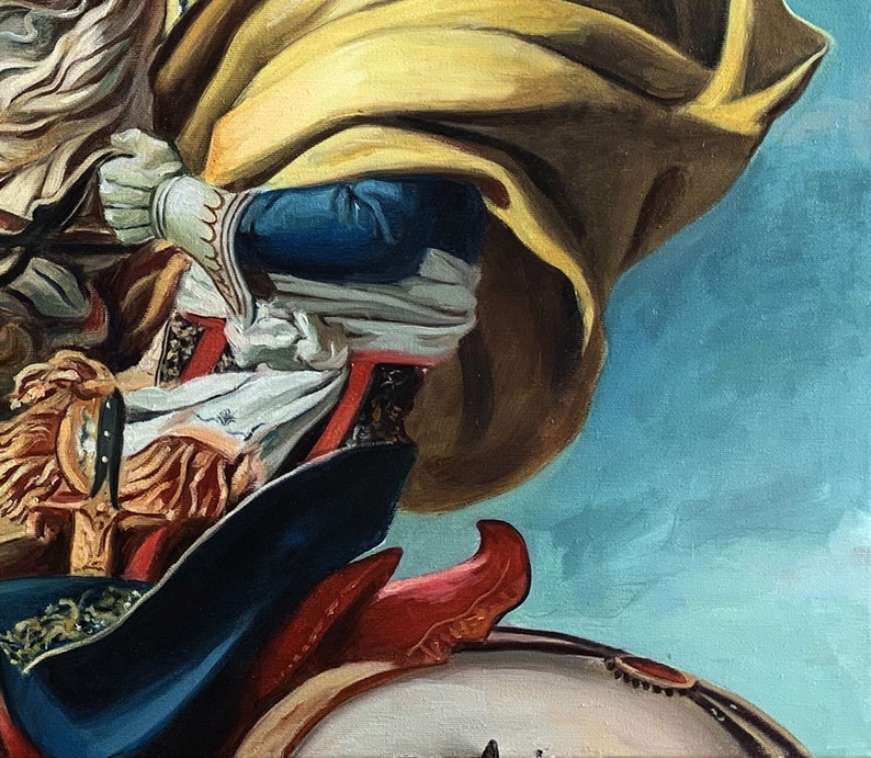 May include: A painting of a person riding a horse. The person is wearing a yellow cloak and a blue and white tunic. The horse is brown and white.