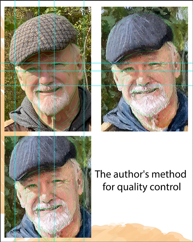 May include: Three close-up images of a man wearing a tweed cap and a blue jacket. The man is smiling and looking directly at the camera. The text "The author's method for quality control" is below the images.