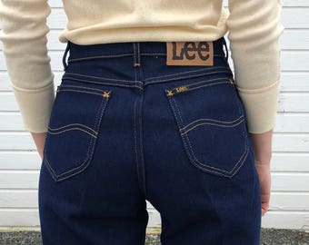 Vintage 28 x 29 Lee Jeans | Dark Wash Denim Pants | High Rise, Straight Leg | USA Made Lee Riders