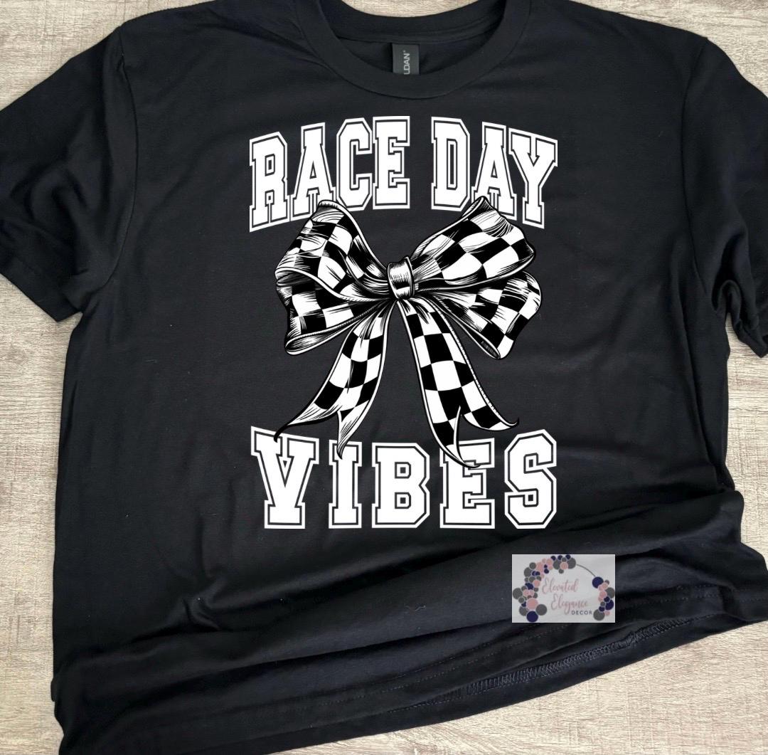 Race Day Vibes in white Checkered Croquette Bow Tee, Ladies Flowy Tank & Crew Neck Sweatshirt