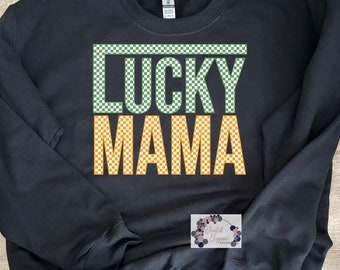 Lucky Mama Checkered Print Tee/Long Sleeve Shirt & Crew Neck Sweatshirt