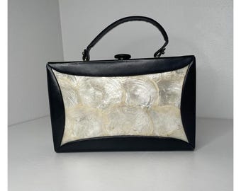 Vintage Berger Bags bb Shell And Black Leather Briefcase Style Purse Handbag