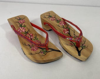 Wooden Sandal Flip Flop Floral Hand Painted Size Measured  In Photos Red & Pink