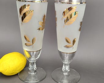 Vintage Libbey Glass Golden Foliage Pilsner Beer Glasses Mid-Century Barware Set Of 2