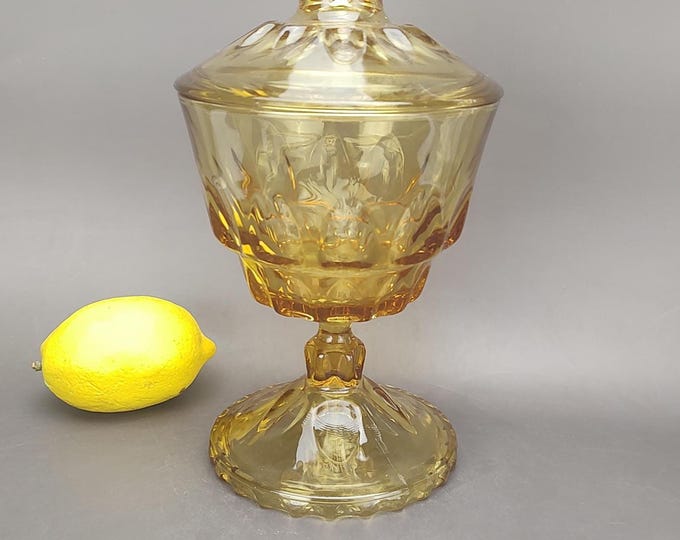 Featured listing image: Vintage Amber Hazel Atlas Amber Glass Reflection Covered Compote Thumbprint Pattern